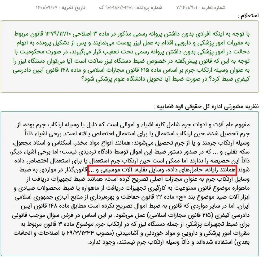 نظریه مشورتی فوق العاده مهم اداره کل حقوقی قوه‌قضاییه درباره امکان ضبط اشیاء و اموالی که ذاتاً وسیله ارتکاب جرم نیستند یا از جرم تحصیل نمی‌شوند.