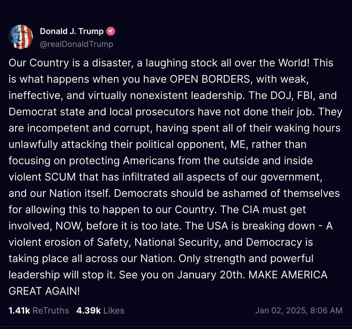 Donald Trump on the recent attacks in the United States: Our country is in chaos, a laughing stock all over the world, with open borders, weak leadership, and growing threats. 