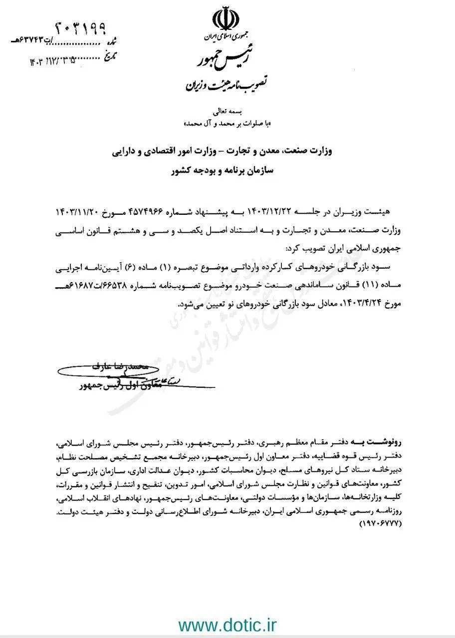 تصویب‌نامه هیات وزیران درخصوص تعیین سود بازرگانی خودروهای کارکرده وارداتی معادل سود بازرگانی خودروهای نو