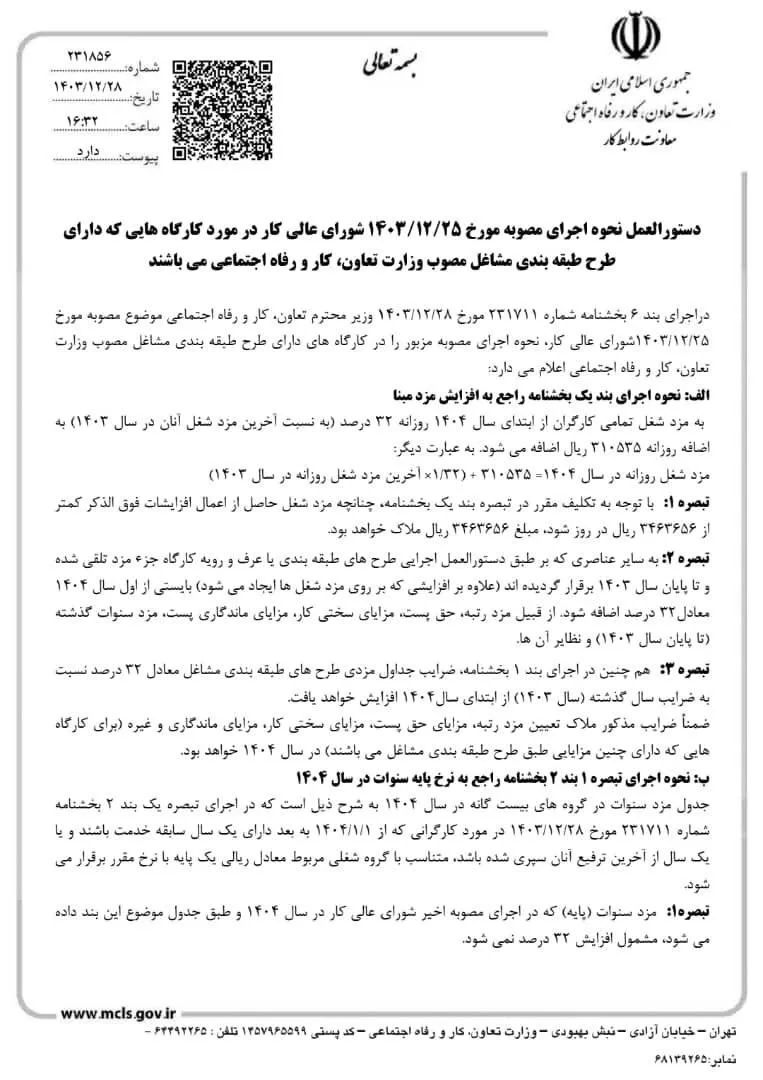 دستورالعمل نحوه اجرای مصوبه مورخ ۱۴۰۳/۱۲/۲۵ شورای عالی کار در مورد کارگاه هایی که دارای طرح طبقه بندی مشاغل مصوب وزارت تعاون، کار و رفاه اجتماعی می باشند