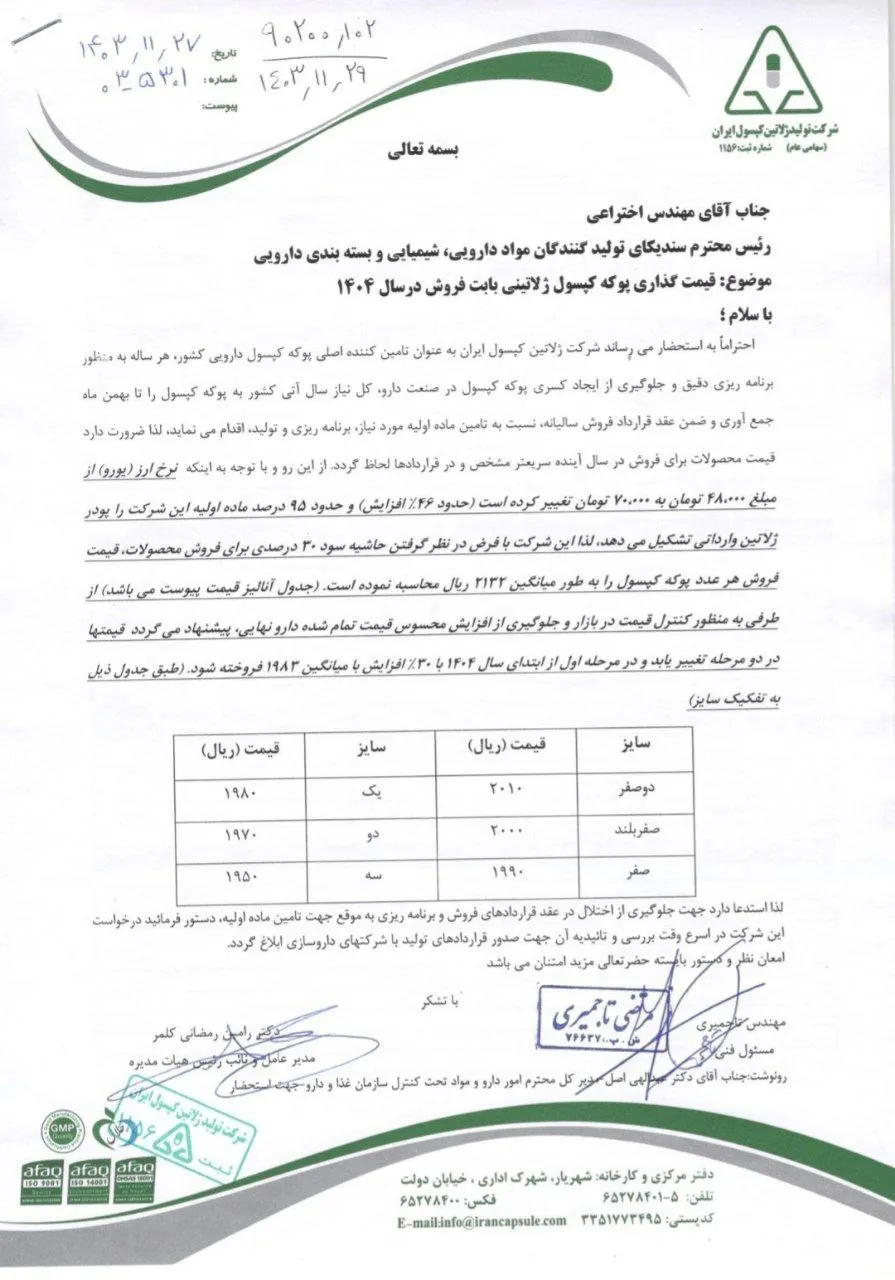 قیمت کپسول ۳۰ درصد افزایش یافت