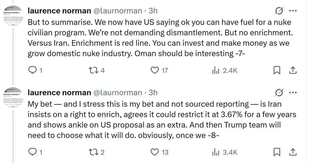  لارنس نورمن خبرنگار وال استریت ژورنال: ویتکاف در رم به ایرانی ها گفت ایران می‌تواند سوخت برای برنامه هسته‌ای غیرنظامی داشته باشد، اما غنی‌سازی داخلی ممنوع است.