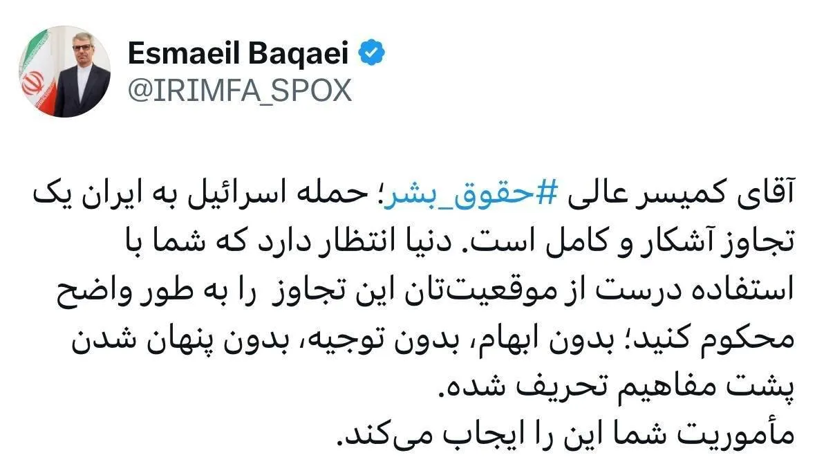پیام سخنگوی وزارت خارجه خطاب به کمیسر عالی حقوق بشر