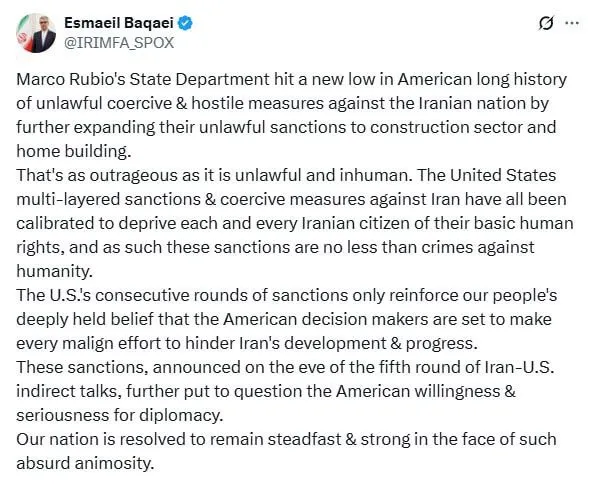  سخنگوی وزارت خارجه: تحریم‌های جدید آمریکا در آستانه دور پنجم مذاکرات، نشانه عدم جدیت این کشور در دیپلماسی است