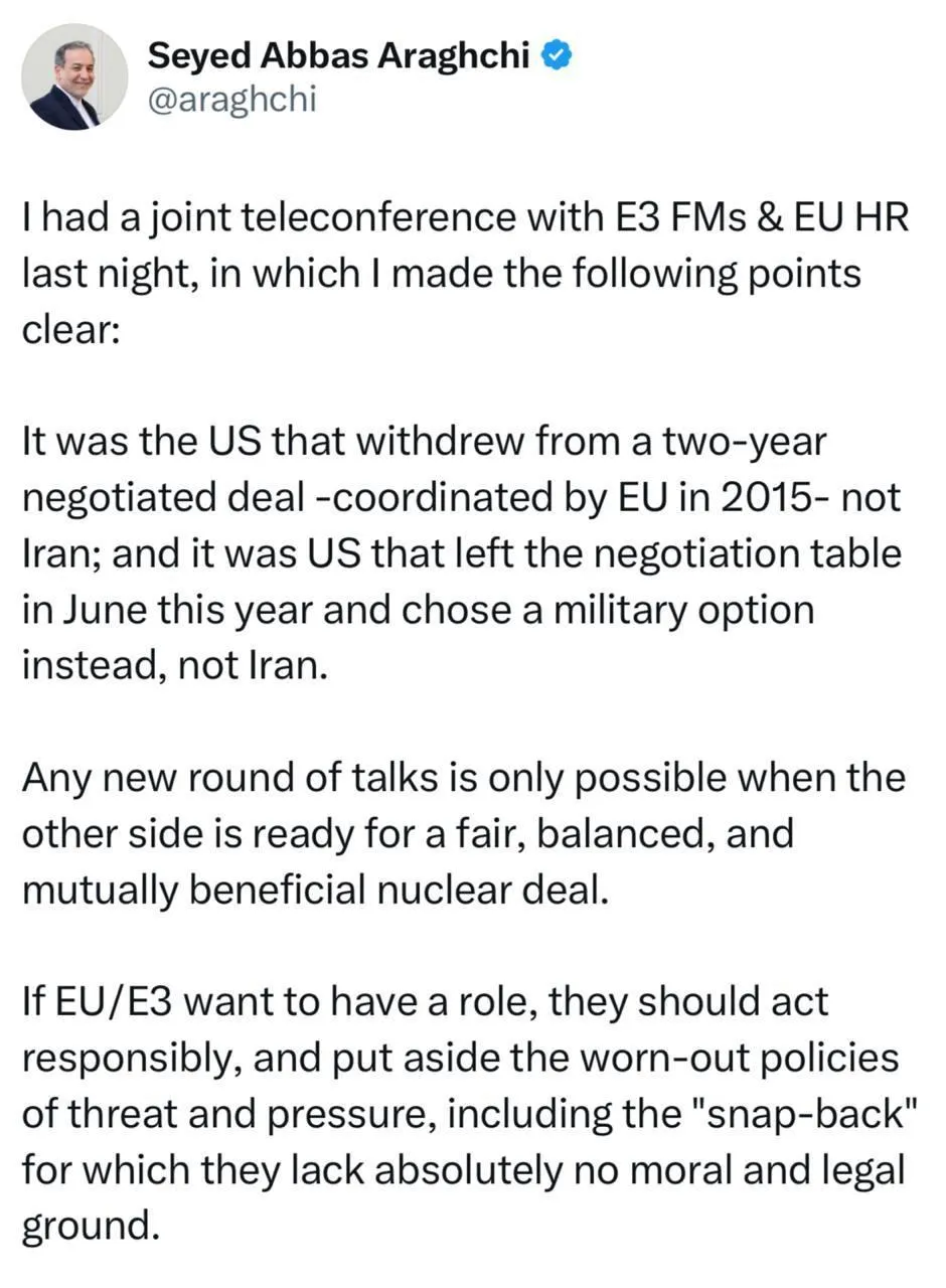 عراقچی: دور جدیدی از مذاکرات فقط زمانی ممکن است که طرف مقابل برای یک توافق هسته‌ای عادلانه آمادگی داشته باشد