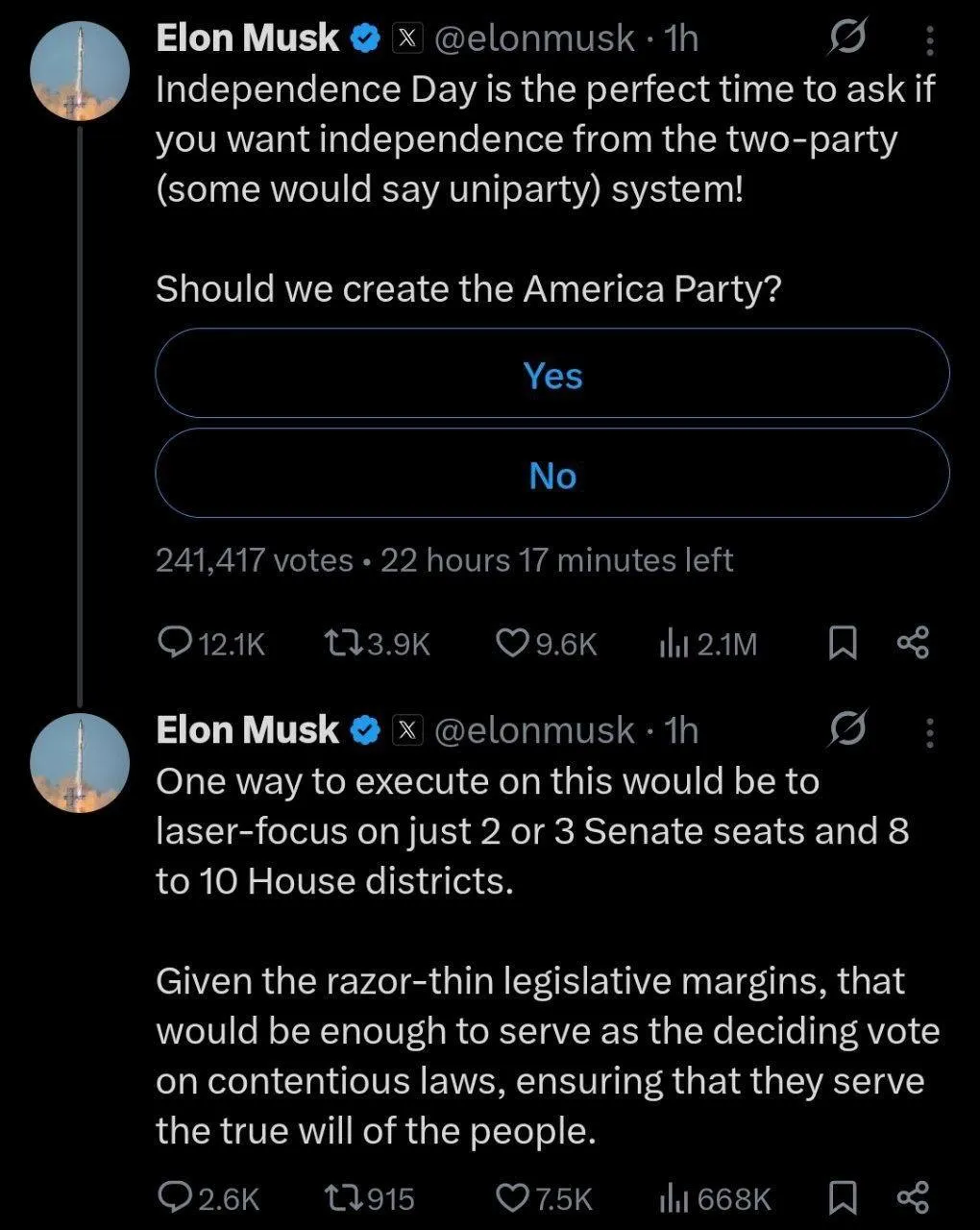 ایلان ماسک گفت که ممکن است «حزب آمریکا» را ایجاد کند و صرفاً روی ۲ یا ۳ کرسی سنا و ۸ تا ۱۰ کرسی مجلس نمایندگان تمرکز کند.