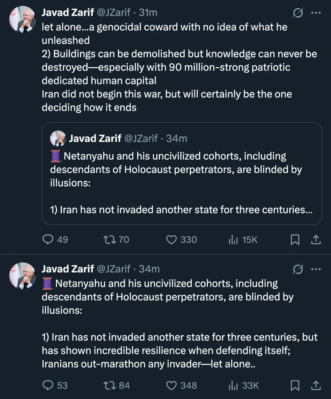 محمدجواد ظریف در جدیدترین پست توییتری خود نوشت: نتانیاهو و همدستان بی‌فرهنگش، از جمله نوادگان عاملان هولوکاست، با توهمات کور شده‌اند