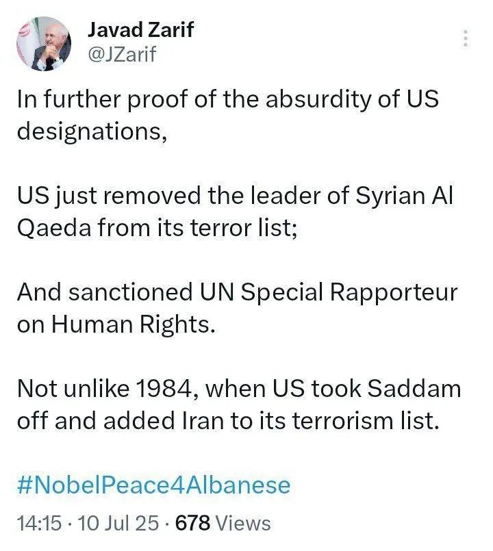 توییت محمدجواد ظریف، وزیر امورخارجه پیشین ایران: در اثبات بی‌پایه بودن اتهامات آمریکا