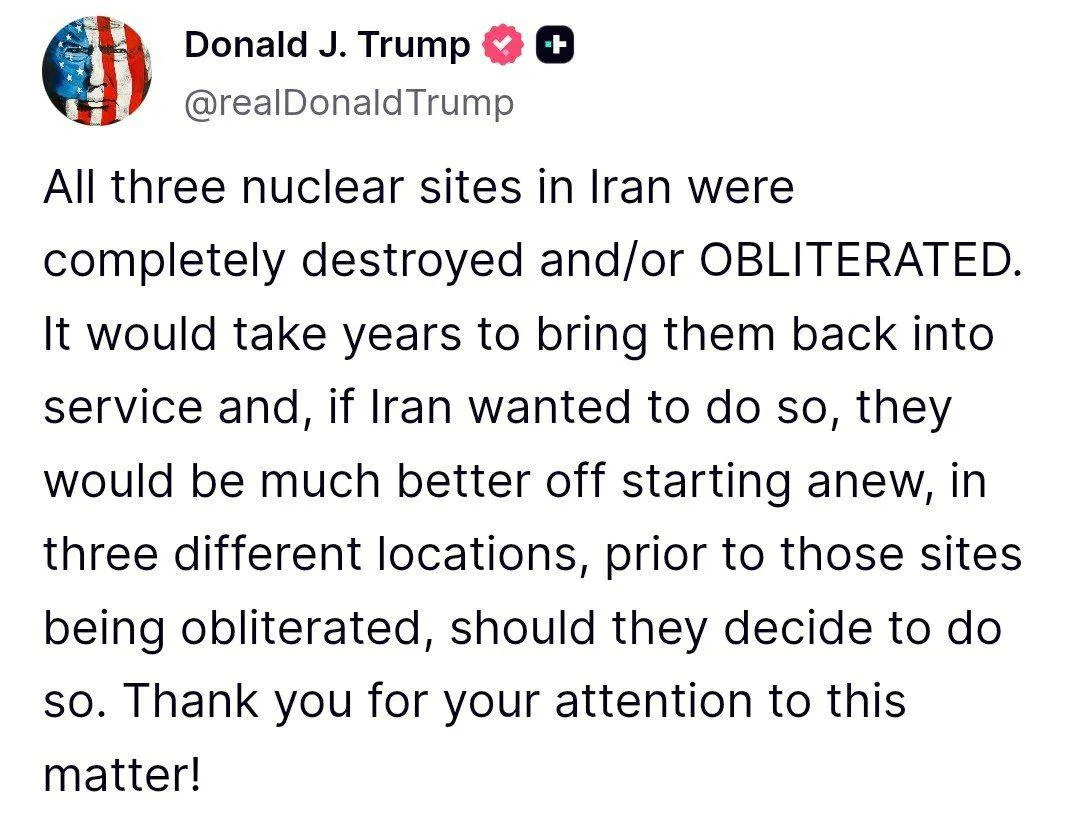  توییت جدید ترامپ برای ایران: هر سه سایت هسته‌ای در ایران کاملاً تخریب و یا محو شده‌اند. سال‌ها طول می‌کشد تا آنها را دوباره به کار بیندازند و اگر ایران می‌خواست این کار را انجام دهد.