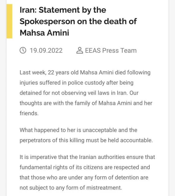سخنگوی سیاست خارجی اتحادیه اروپا: آنچه برای مهسا امینی اتفاق افتاده غیرقابل قبول است و عاملان این قتل باید پاسخگو باشند.
