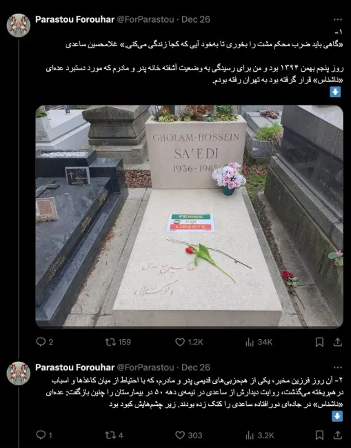 توییت قابل تامل پرستو فروهر و نقل روایتی از فرزین مخبر از غلامحسین ساعدی