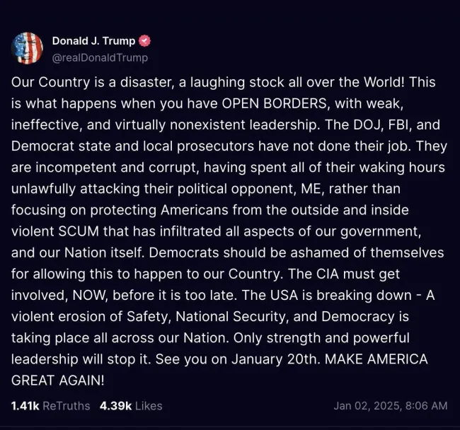 Donald Trump on the recent attacks in the United States: Our country is in chaos, a laughing stock all over the world, with open borders, weak leadership, and growing threats. 