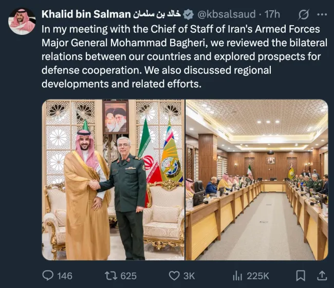  توییت خالد بن سلمان وزیر دفاع عربستان سعودی از دیدار با سرلشکر باقری