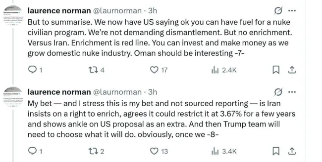  لارنس نورمن خبرنگار وال استریت ژورنال: ویتکاف در رم به ایرانی ها گفت ایران می‌تواند سوخت برای برنامه هسته‌ای غیرنظامی داشته باشد، اما غنی‌سازی داخلی ممنوع است.