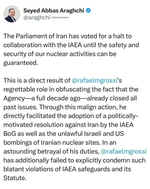  واکنش عراقچی به اظهارات اخیر گروسی، مدیر کل آژانس بین‌المللی انرژی اتمی 