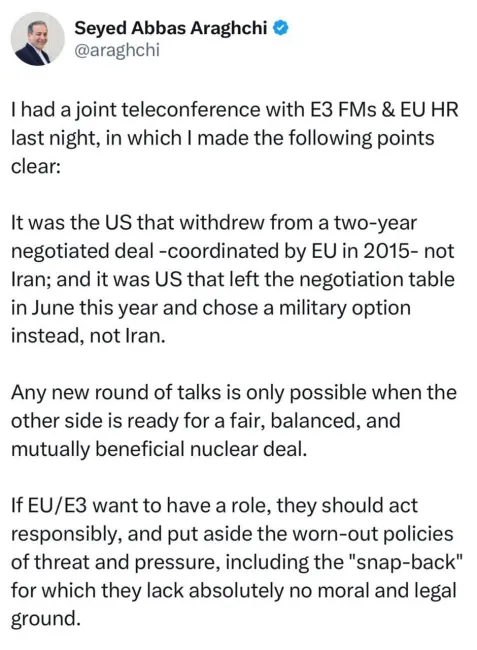 عراقچی: دور جدیدی از مذاکرات فقط زمانی ممکن است که طرف مقابل برای یک توافق هسته‌ای عادلانه آمادگی داشته باشد