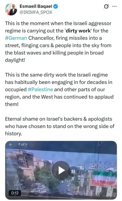  اسماعیل بقایی سخنگوی وزارت امور خارجه: ننگ ابدی بر حامیان و توجیه‌کنندگان رژیم صهیونیستی جنگ‌طلب