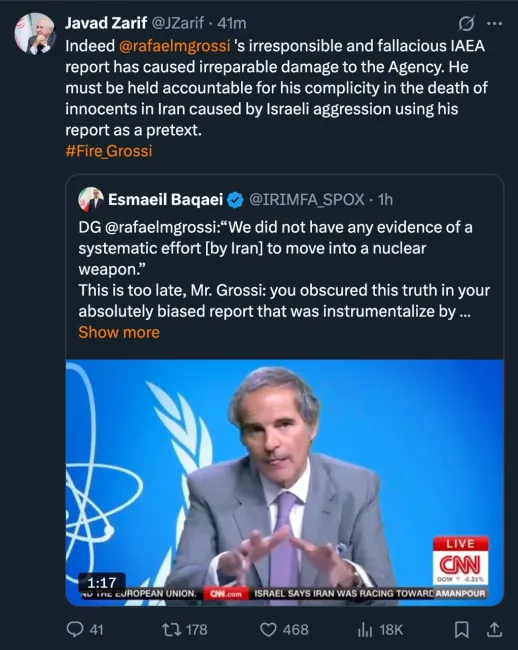 ظریف خواستار عزل و محاکمه گروسی شد