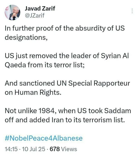 توییت محمدجواد ظریف، وزیر امورخارجه پیشین ایران: در اثبات بی‌پایه بودن اتهامات آمریکا